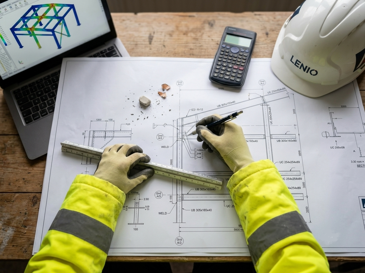 Structural engineer preparing structural design drawings and calculations in London